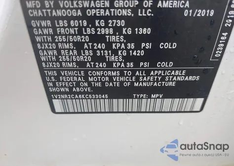 2019 Volkswagen Atlas 3.6L V6 Sel Premium from USA, damaged, VIN 1V2NR2CA6KC533045